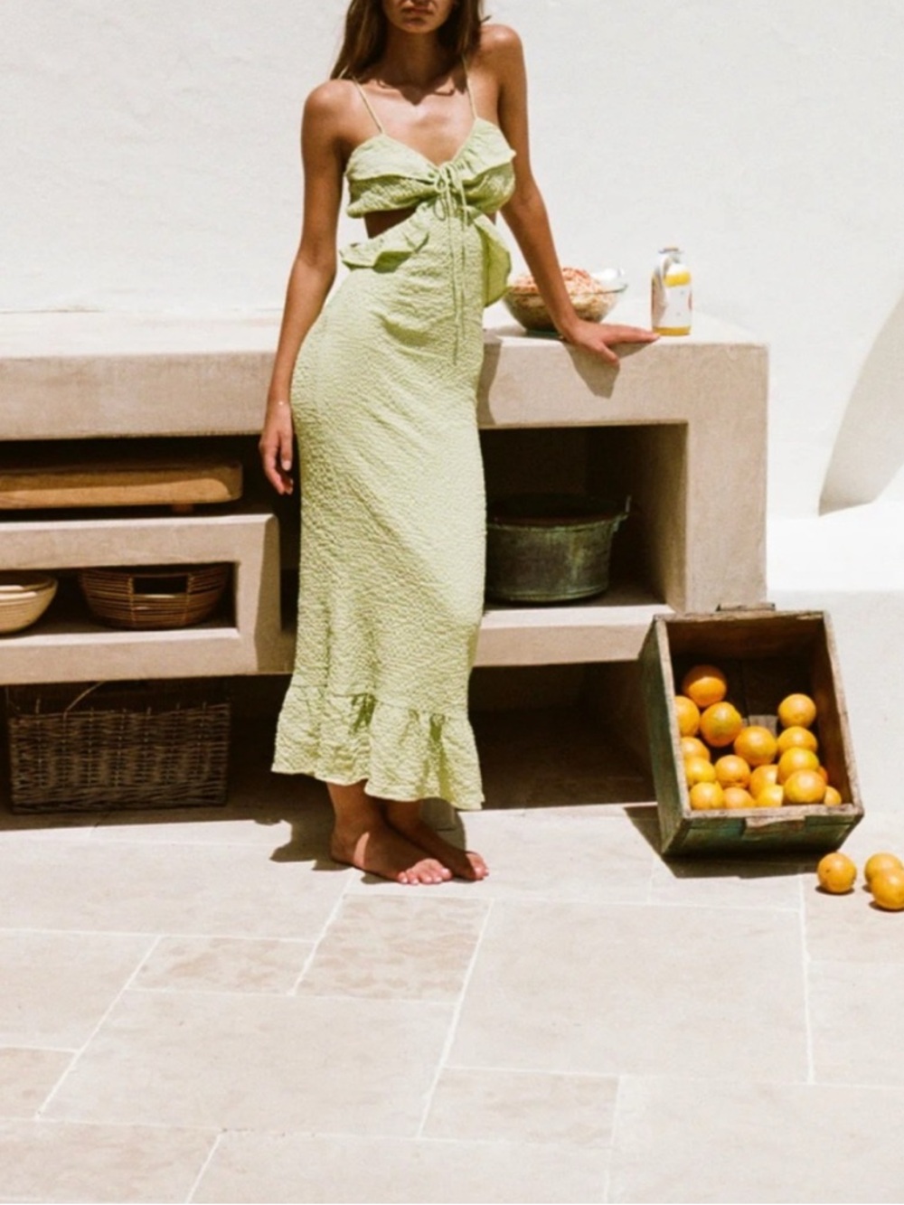 Sabo Skirt Light Green Tie-Front Ruffled Midi Dress